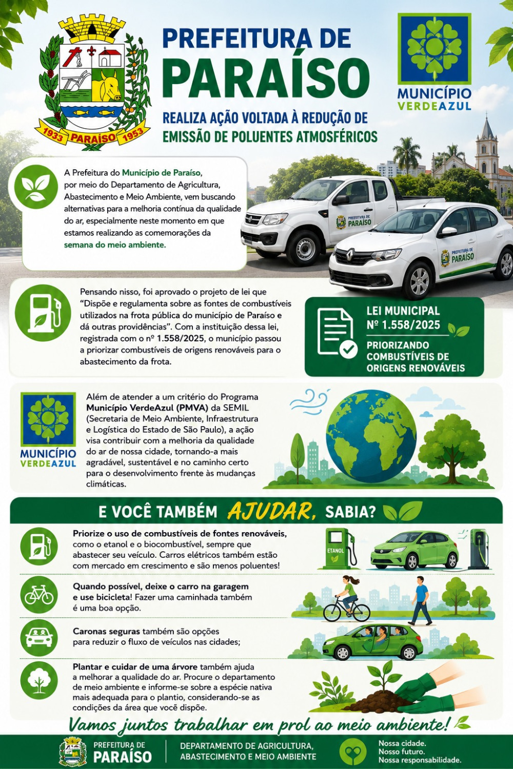 Prefeitura de Paraíso realiza ação voltada à redução de emissão de poluentes atmosféricos.